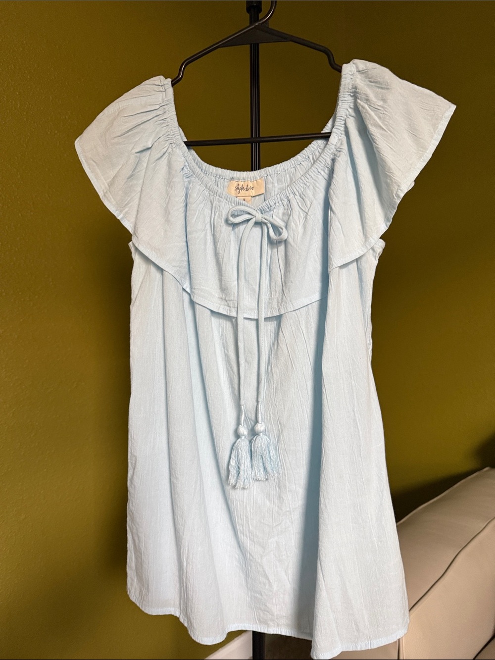 Style & Co. Light Blue Off-Shoulder Cotton-Blend Tassel Tunic